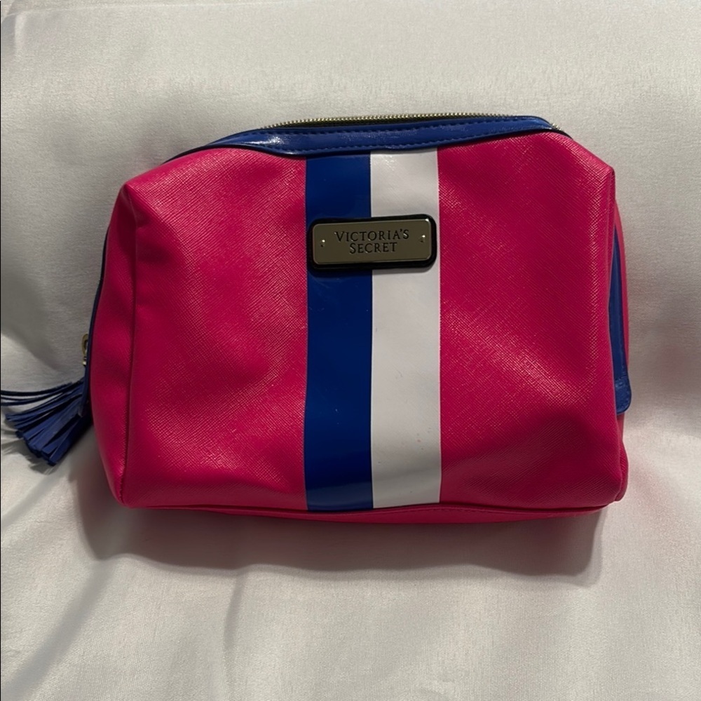 Victoria's Secret Pink and Blue Cosmetic Bag with Bold Stripe Preloved